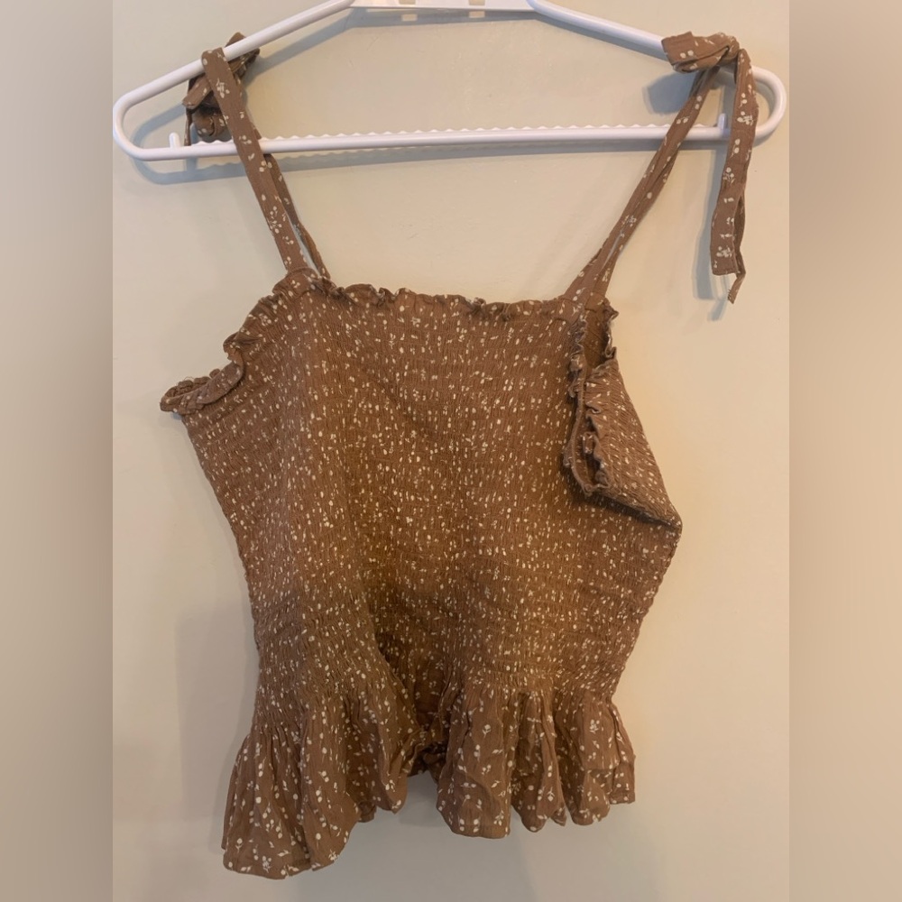 ANKO Brown Smocked Ruffle Strap Top